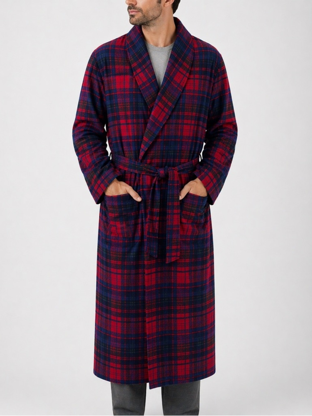 Vintage 70s Pendleton Red Plaid Virgin Wool Collared Belt Pockets Robe Size M